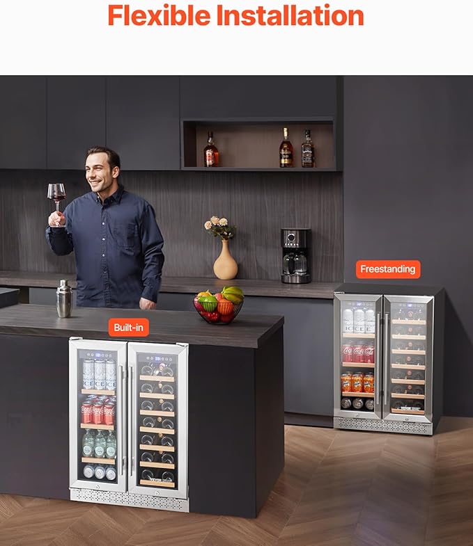 VEVOR Wine and Beverage Refrigerator, 24 in Dual Zone Wine Cooler, Built-in & Freestanding Fridge with Glass Doors, Adjustable Shelves, Digital Temperature Control, 64 Cans and 20 Bottles Capacity