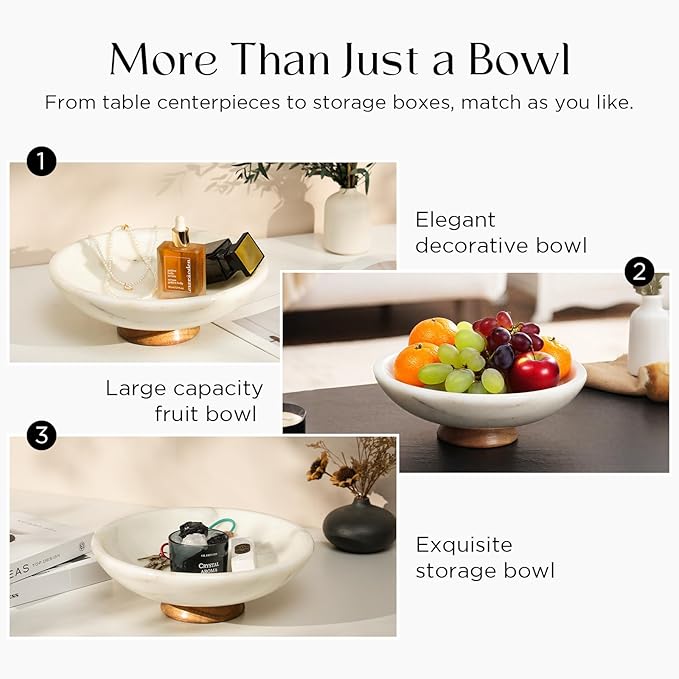 White Marble Fruit Bowl with Acacia Wood Pedestal, Large Decorative Footed Bowl, Natural Stone Centerpiece for Kitchen Counter, Entryway, Keys, Dining Table, House Warming Gifts New Home(11Inch)