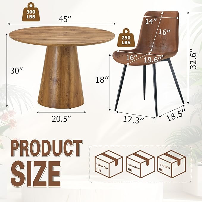 Round Dining Table Set for 4,45'' Farmhouse Dining Room Table Set for 4 with Suede Chairs,1" Thick Wood Pattern Tabletop with Conical Base,5 Pieces Kitchen Table Set for Dining Room,Apartment