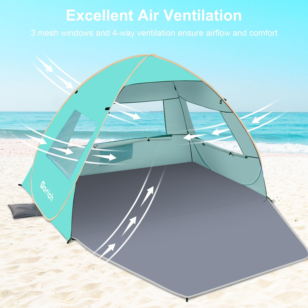 Gorich Easy Pop Up Beach Tent for 3-4 Person, UPF 50+ UV Protection Beach Umbrella Sun Shelter, Portable Lightweight Shade with Easy Foldable & Instant Setup
