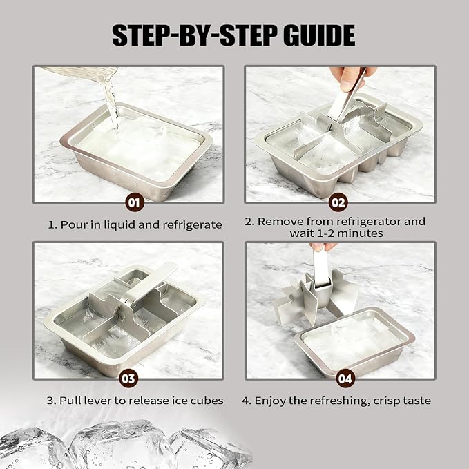 YeQIENGC Stainless Steel Ice Cube Trays with Lever - 6 Large Cube Mold for Whiskey & Cocktails, Professional Heavy Duty Metal Freezer Tray, Non-Toxic & Easy Release for Kitchen & Bar Use