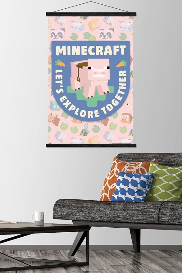 Trends International Minecraft - Let's Explore Together Wall Poster with Magnetic Frame, 34L x 22.4W, Premium Print and Black Hanger Bundle