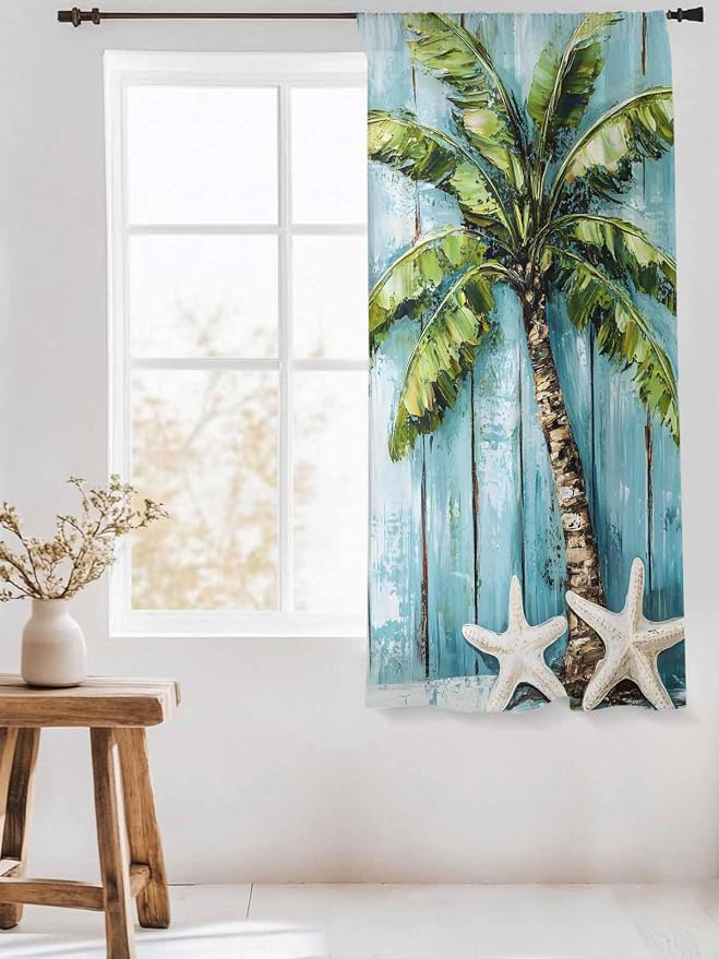 Sheer Curtains 63 Inch Length, Coastal Beach Starfish Semi Sheer Curtains Light