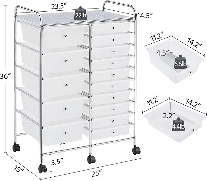 Yaheetech 15 Drawers Rolling Storage Cart Multipurpose Mobile Rolling Utility Storage Organizer Cart Tools Scrapbook Paper Organizer on Wheels, White