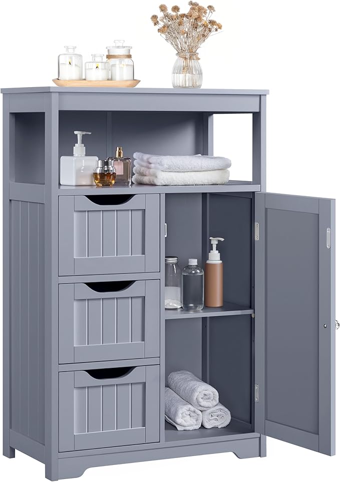 Yaheetech Bathroom Storage Cabinet, Wooden Bathroom Floor Cabinet with 1 Door and 3 Drawers, Free-Standing Storage Unit for Kitchen/Living Room/Entryway, Gray