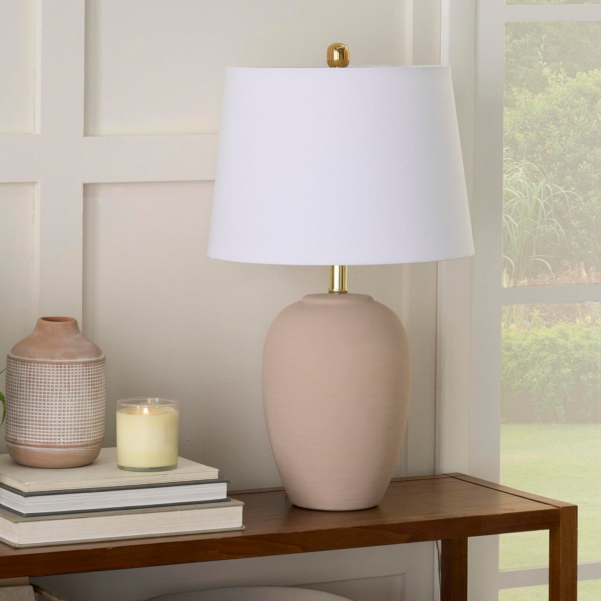 Nourison Home 23" Coastal Blue Ceramic Pot Table Lamp for Bedroom, Living Room, Dining Entryway, with White Shade
