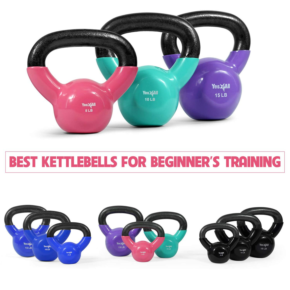 Yes4All Kettlebell, Vinyl Coated Cast Iron Kettlebell Sets 5, 10 & 15lbs for Weights Exercises, Full Body Workout, Push Up, Grip Strength & Strength Training - Multicolor