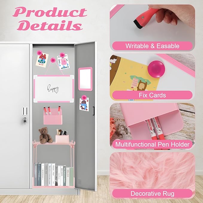12 Pcs Locker Organizer and Decorating Kit, First Day of School Essentials,Back to School Essentials Locker Decoration, Print Whiteboard with Markers Plush Area Rug String Mirror Magnetic Cup