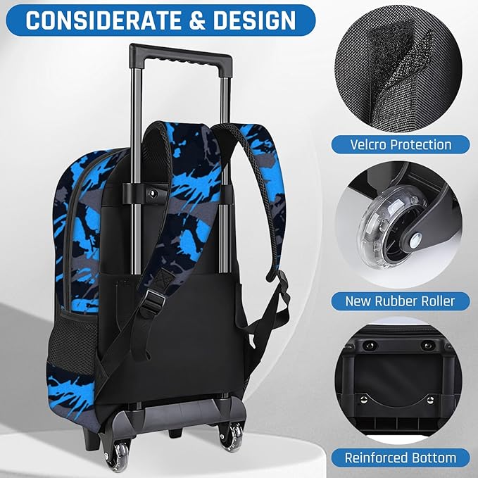 Gamer Rolling Backpack for Boys - 3PCS Boys Rolling Backpack with Lunch Box Set for Kids Children Teens Elementary Middle School,Glow in The Dark Roller Bookbag with Wheels for Age 6-18
