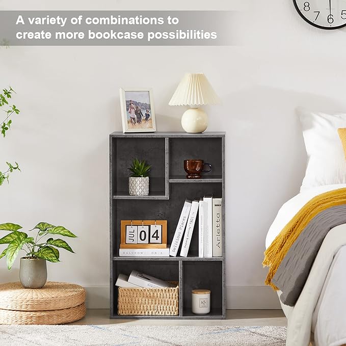 VECELO Contemporary Bookshelf, 5 Cube Shelf, Fits Tallest Hardcovers, Horizontal Available, Storage Organzier for Home Office,Gray