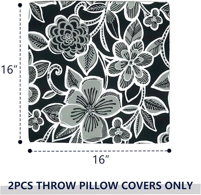 Outdoor Throw Pillow Covers 16x16 Inch, Square Patio Pillow Cases Pack of 2, Modern Decorative Back Cushion Covers for Patio Furniture Garden Couch Farmhouse,Flower Black