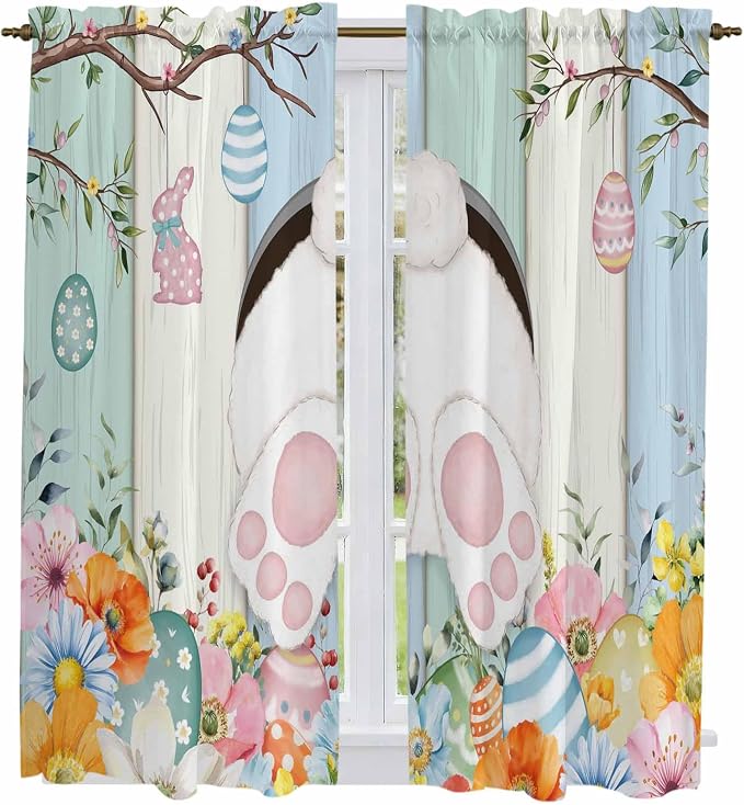 Easter Window Curtains 63 Inch Long 2 Panel Set, Rod Pocket Bedroom Curtains &