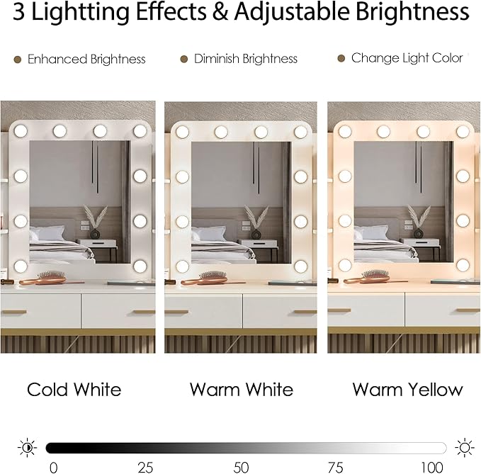 Vabches Vanity Desk with Mirror and Lights, with Charging Station,Makeup Vanity Table Set with Lighted Mirror, with 3 Lighting Modes and 2 Drawers&Cushioned Stool for Bedroom