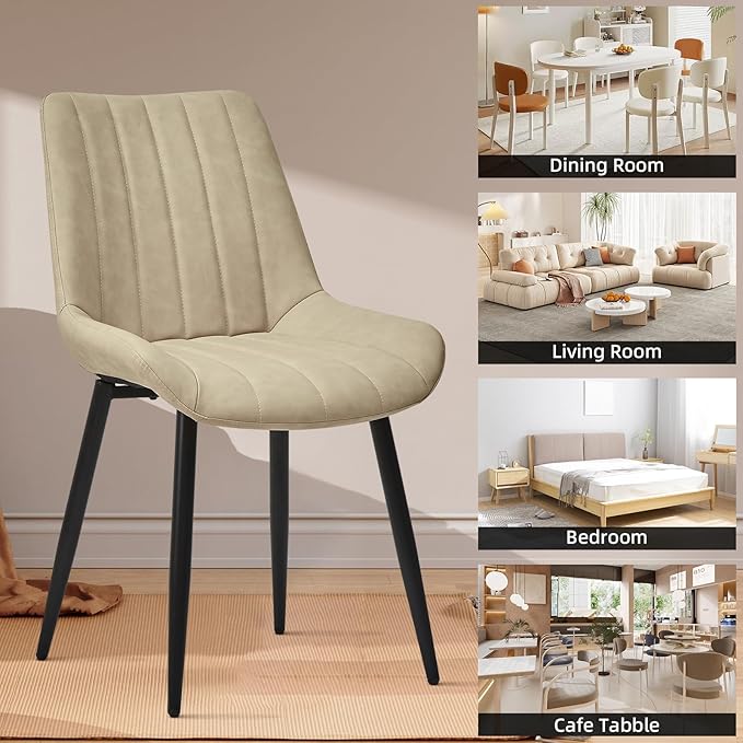 Dining Chairs Set of 6, Faux Leather Modern Linear Design Dining Chair with Metal Legs, 16.9" Seat Width Chair for Kitchen, Lounge, Reception Room, Restaurant, Commercial (Beige)