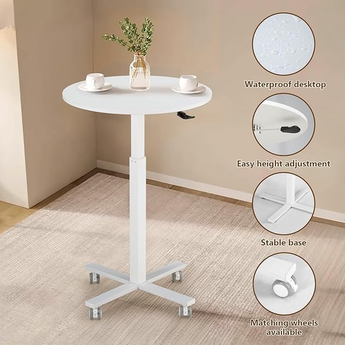 Round Bar Table, Adjustable Height and Rolling Small Dining Table, Dual-Use Cocktail Table with Removable Casters for Bar, Bistro, Café(White), Set of 1