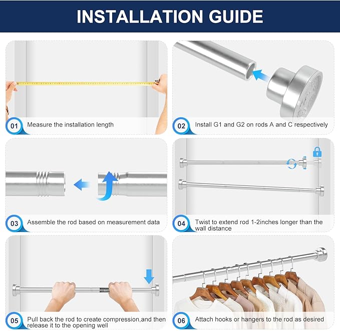 No Drilling Closet Rod, 27.5-74 Inches Hanging Closet Rod for Clothes, Closet Bar & Pole Heavy-duty, Closet Rods for Hanging Clothes For Closet Wardrobes Bathroom Laundry RV Curtains,Nickel