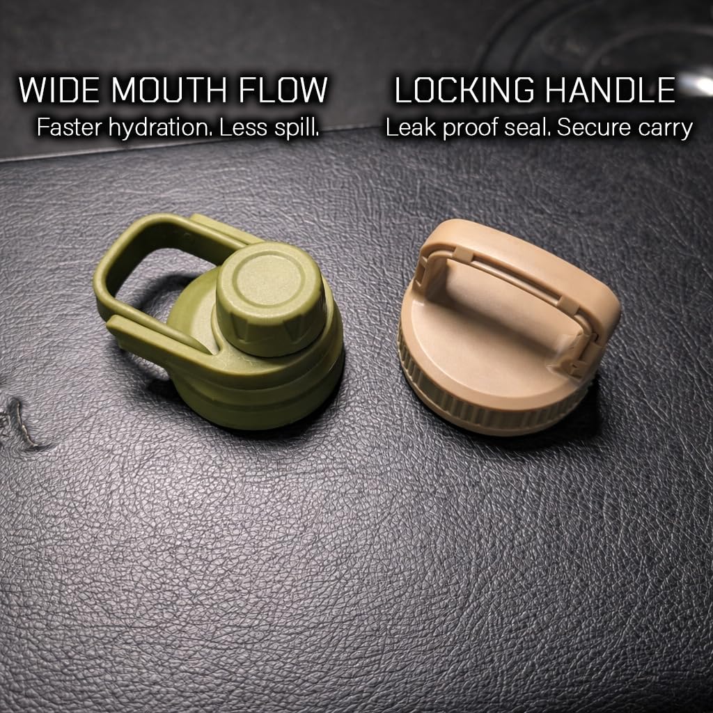 Iron Infidel Battle Pack - Accessories Kit for Battle Bottle - Water Bottle Cap Replacements for 64 Oz or 32 Oz | Wide Mouth Lid, Shoulder Strap, Paracord Handle, Morale Patch & Decal (Green/Tan)