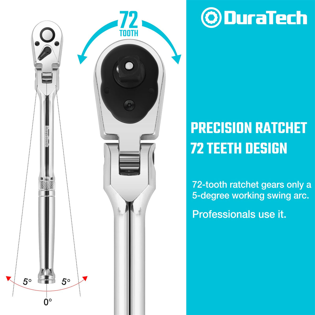 DURATECH 3-Piece Flex-Head Ratchet Set, 1/4", 3/8", 1/2" Drive Ratchet, 72-Tooth with Quick-Release Reversible Design, Chrome Alloy Made, Fully Polished, Organized in Storage Case