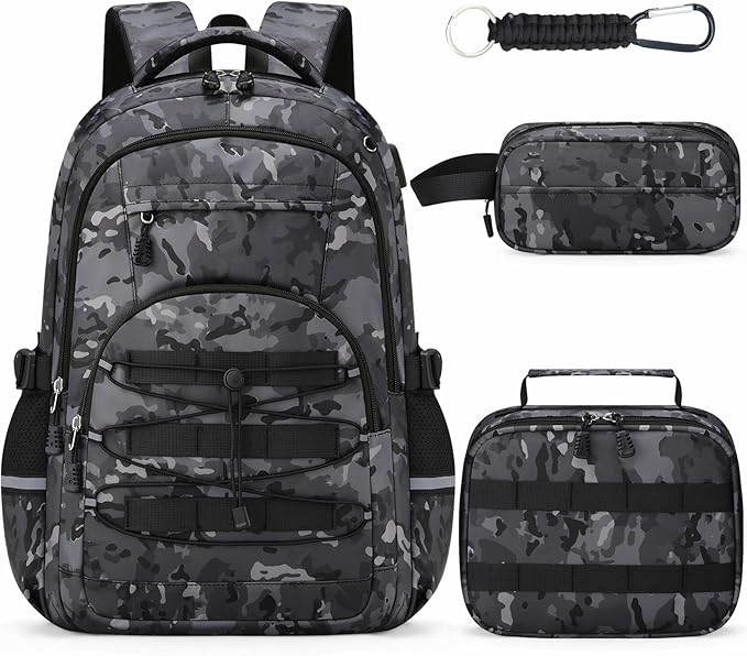 School Backpacks for Boys - 4pcs Camo Boys Backpacks with Lunch Box Set for Kids Teens Elementary Middle School, 18″ Large Capacity Students Bookbag, Perfect for Travel