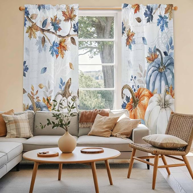 Fall Blue Maple Window Curtains 72 Inch Long 2 Panel Set, Rod Pocket Long