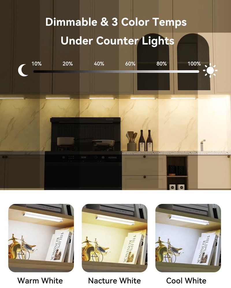 Rihvy 3 Packs Under Cabinet Lighting with Charging Station 8 Inches, Motion Sensor Light Indoor Rechargeable, 3 Color Dimmable Closet Light, USB Led Stick on Under Counter Lights for Kitchen Pantry