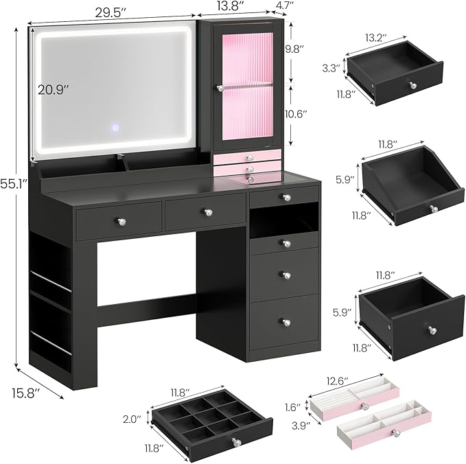 Makeup Vanity Desk with Mirror and Lights & Large LED Cabinet, Vanity Table with 2 Jewelry Boxes, 6 Drawers, and Built-in Shelves, Dressing Table with Power Outlets for Women Girls Bedroom, Black