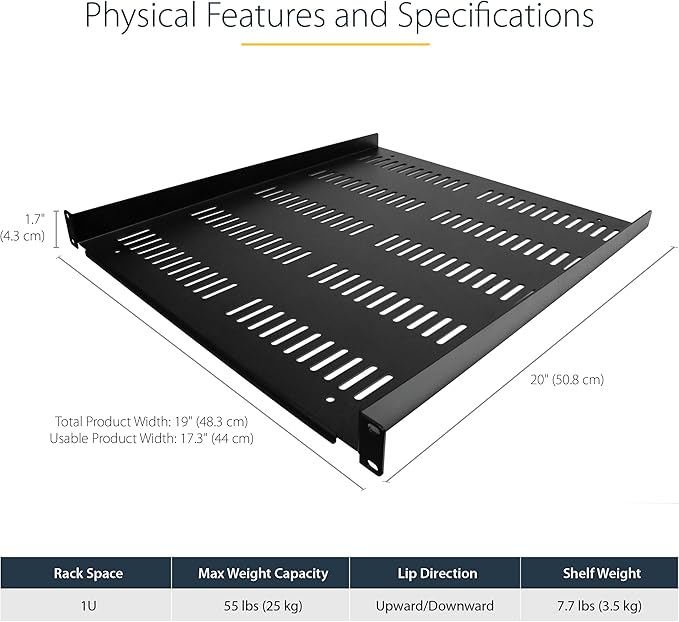 StarTech.com 1U Server Rack Shelf - Universal Vented Rack Mount Cantilever Tray for 19" Network Equipment Rack & Cabinet - Durable Design - Weight Capacity 55lb/25kg - 20" Deep (SHELF-1U-20-FIXED-V)