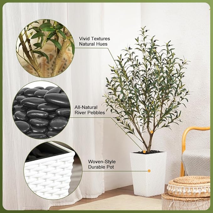 Artificial Olive Tree 5FT Indoor&Outdoor Faux Plant - UV Resistant Large Fake Tree with White Planter & Pebbles, Realistic Tall Potted Artificial Trees for Modern Home Decor Office Living Room VN132