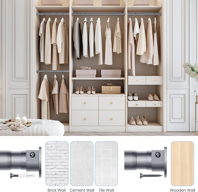 Closet Rods for Hanging Clothes, 17 to 54 Inches No-Cut Stepless Adjustable Closet Rod, 1.3 Inches Expandable Metal Heavy Duty Closet Hanging Rod for Closet Wardrobe Bathroom Laundry RV, Silver