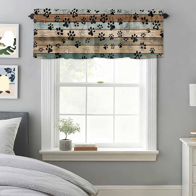 Dog Paws Valances for Windows, Teal Brown Wood Grain Kitchen Valance Light