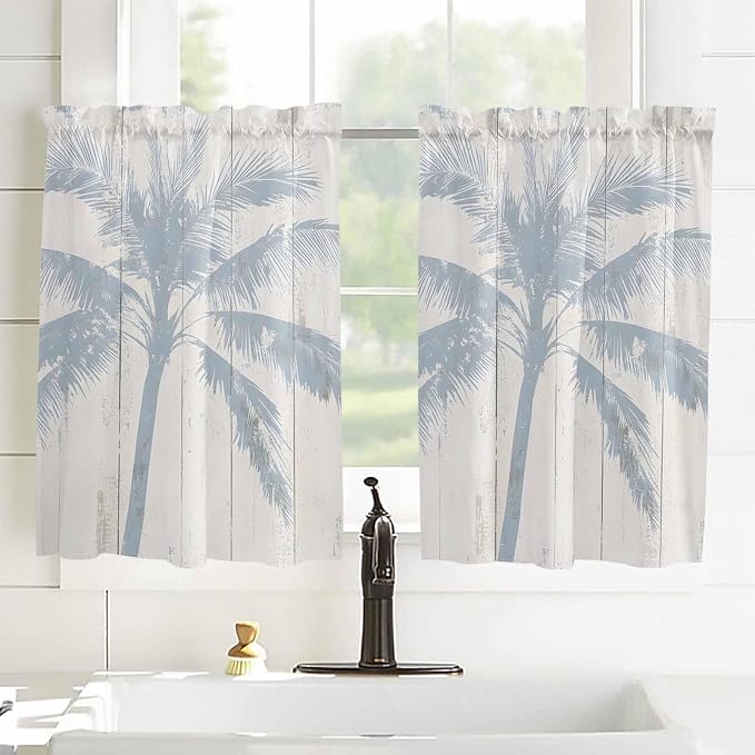 Summer Coconut Tree on Vintage Wood Grain Window Valance Curtains, Seaside