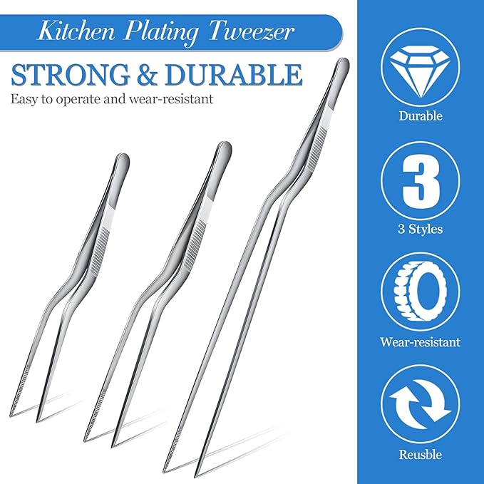 Chumia 3 Pcs Cooking Tweezers Tongs 3 Size Kitchen Stainless Steel Plating Tweezer Set Small Food Handling Tools 6'' 8'' & 12 Inch Flexible Pinching and Non-slip for BBQ Plating Serving