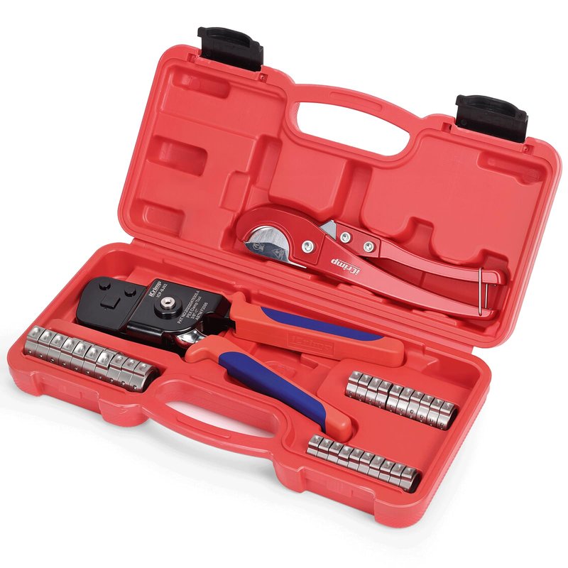 iCrimp KIT-BJ02 PEX Crimping Tool Kit with PEX Clamps, PEX Pipe Cutter, One-Handed PEX Clamp Tool for Cinching 3/8-in, 1/2-in, 3/4-in, 1-in PEX Clamp