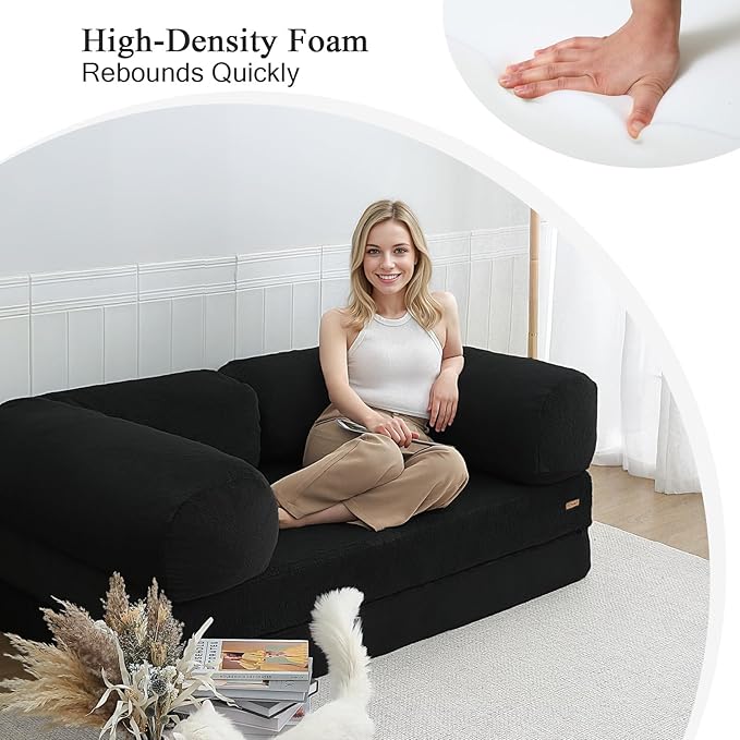 COMAX 4-in-1 Futon Sofa Bed, Queen Size Foldable Couch with L-Shaped Armrests, Convertible Sleeper Chair Bed, Comfortable Lounge Mattress for Living Room and Bedroom, Dark Black