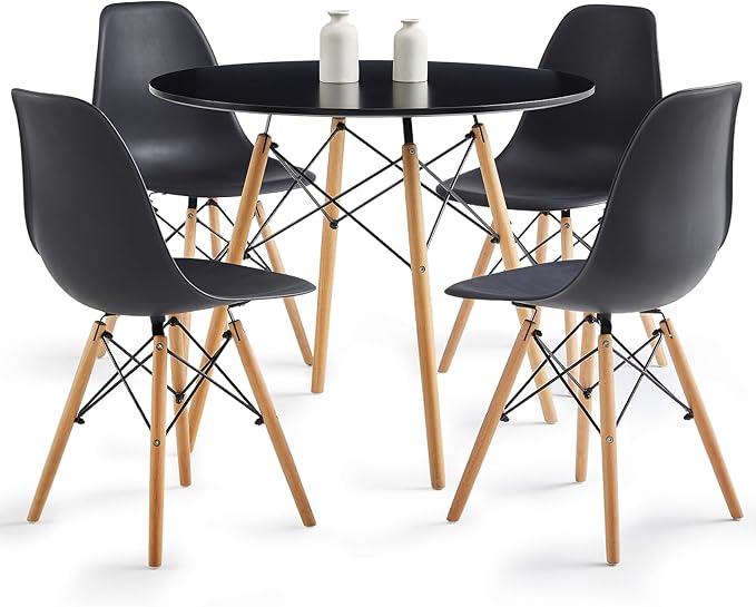 Round Dining Table Set for 4 35.5" Wood Dinner Table Circle Dining Table Kitchen Table Chairs Set of 4 with Wood Strip Base for Kitchen Living Room Space Saving Apartment(Black)