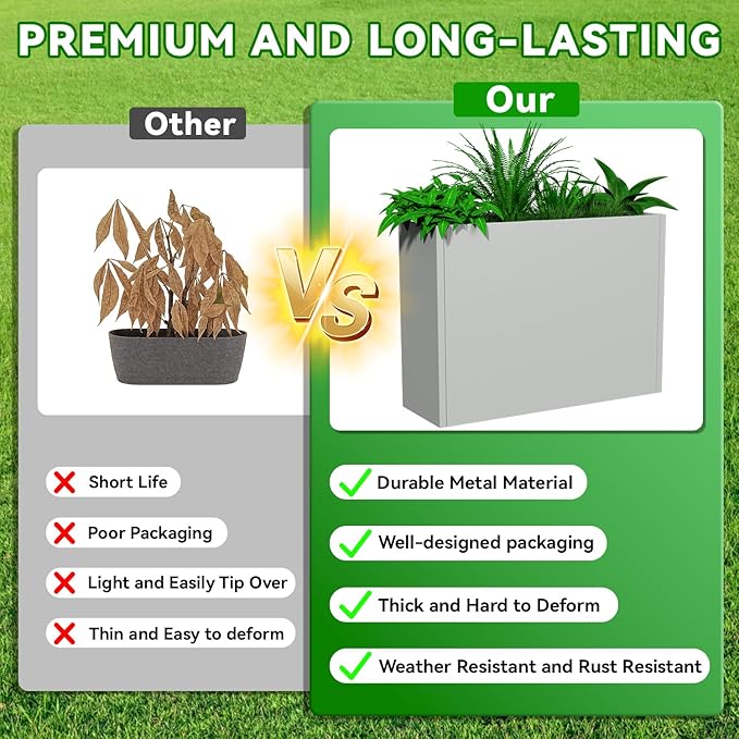 Tall Metal Planter Box, 38" L x 10" W x 30" H Large Outdoor Planters with Drainage & Adjustable Shelf, Heavy Duty Steel Rectangular Planter for Patio, Balcony, Indoor(Gray)