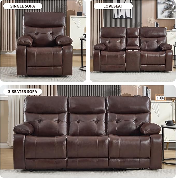 CANMOV Genuine Leather Power Recliner Sofa,3 Seater Reclining Sofa with Comfortable Arms and Back,Modern Electric Recliner Couch Set with Hidden Cup Holders,USB Port for Living Room,Dark Brown
