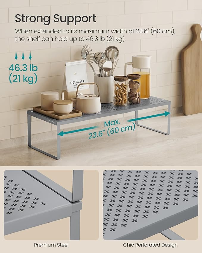 SONGMICS Spice Racks, Set of 2 Expandable Kitchen Countertop Shelves, Small Cupboard Organizers, Metal, Space-Saving Tabletop Shelves, Silver UKCS402FG01