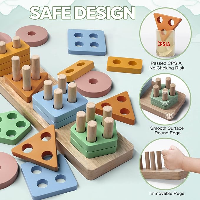 PEBIRA Montessori Toys for 1 2 Year Old, Wooden Sorting and Stacking Toys for Toddlers, Baby Shape Sorter and Color Stacker Blocks for Toddler, Preschool Learning Toy, Gift for 12-18 Month Boys Girls