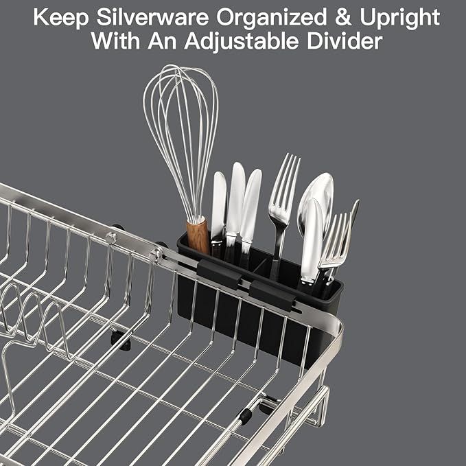 MAJALiS Expandable Stainless Steel Over The Sink Dish Drying Rack for Small Kitchen Counter Space Saving, Compact RV Plate Drainer Strainer in Silver Wire Metal with Hanging Adjustable Utensil Holder