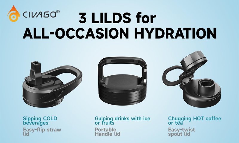 CIVAGO 64 oz Insulated Water Bottle With Straw, Half Gallon Stainless Steel Sports Water Flask Jug with 3 Lids (Straw, Spout and Handle Lid), Large Metal Thermal Cup Mug, Dark Night