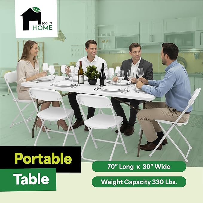 EconoHome White 6ft Folding Table with Handle | Heavy-Duty Foldable Table | Portable Table for Indoor & Outdoor Use | Perfect for Events, Camping, Parties, Dining & More