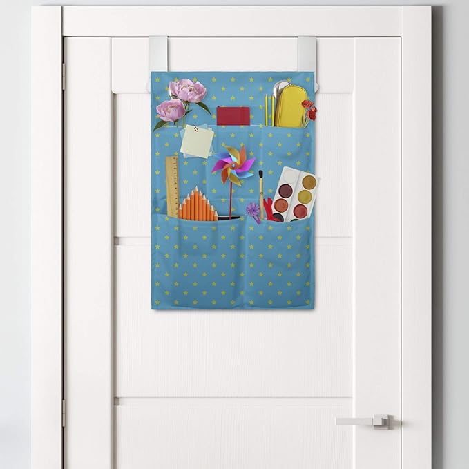 Ambesonne Stars Hanging Pocket Organizer, Continuous Abstract Pattern of Mini Star Motifs Geometric Elements, Printed Polyester Storage Bag with Pockets, 14" x 20", Sky Blue Yellow Green