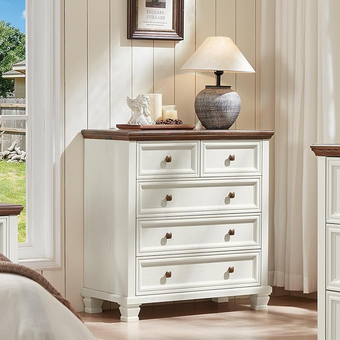 Farmhouse 5 Drawer Dresser Set of 2, 32.6 Inch Tall Modern Chest of Drawers for Bedroom, Mid Century Small Dressers w/Square Solid Wood Legs, Rustic Storage Organizer for Hallway, White