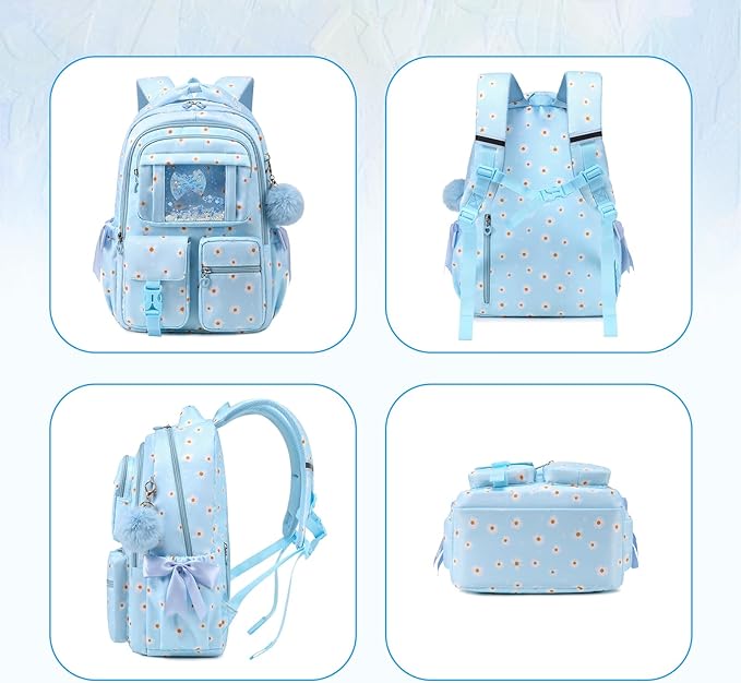 Kids Backpack for Girls - School Bags for Middle School Students - Book Bag for Elementary Primary - Kawaii Ita Backpack - Blue Daisy