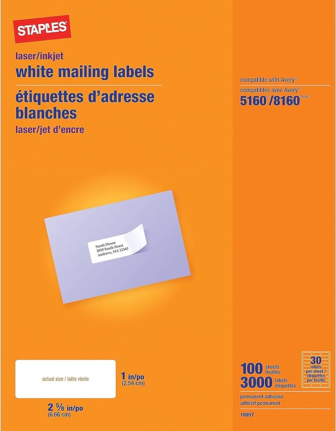 Staples Laser/Inkjet Address Labels, Easy-To-Peel Printable Sticker Paper, 1 x 2-5/8 Inch, 30 Labels Per Sheet, 100-Pack, White