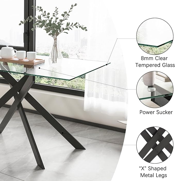 51.18" Glass Dining Table for 4-6, Dining Room Table with Black Tempered Glass and Black Metal Legs, Modern Rectangular Kitchen and Dining Room Dinner Table for Kitchen