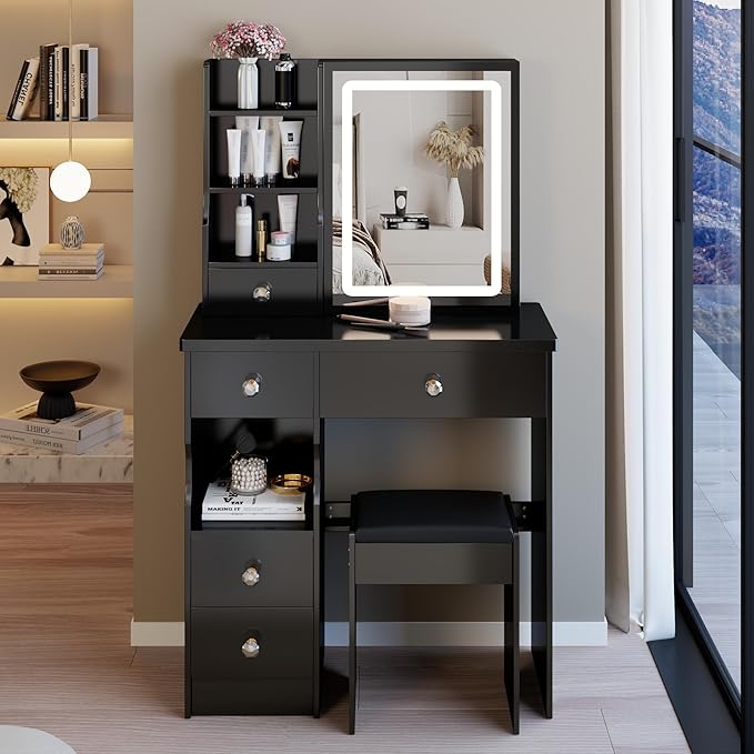 29.2" Small Vanity Desk with Mirror and Lights, Makeup Table with Led Lights and Sliding Mirror, 3 Lighting Colors, Vanity Set with 5 Drawers and Stool for Small Space Bedroom, Black