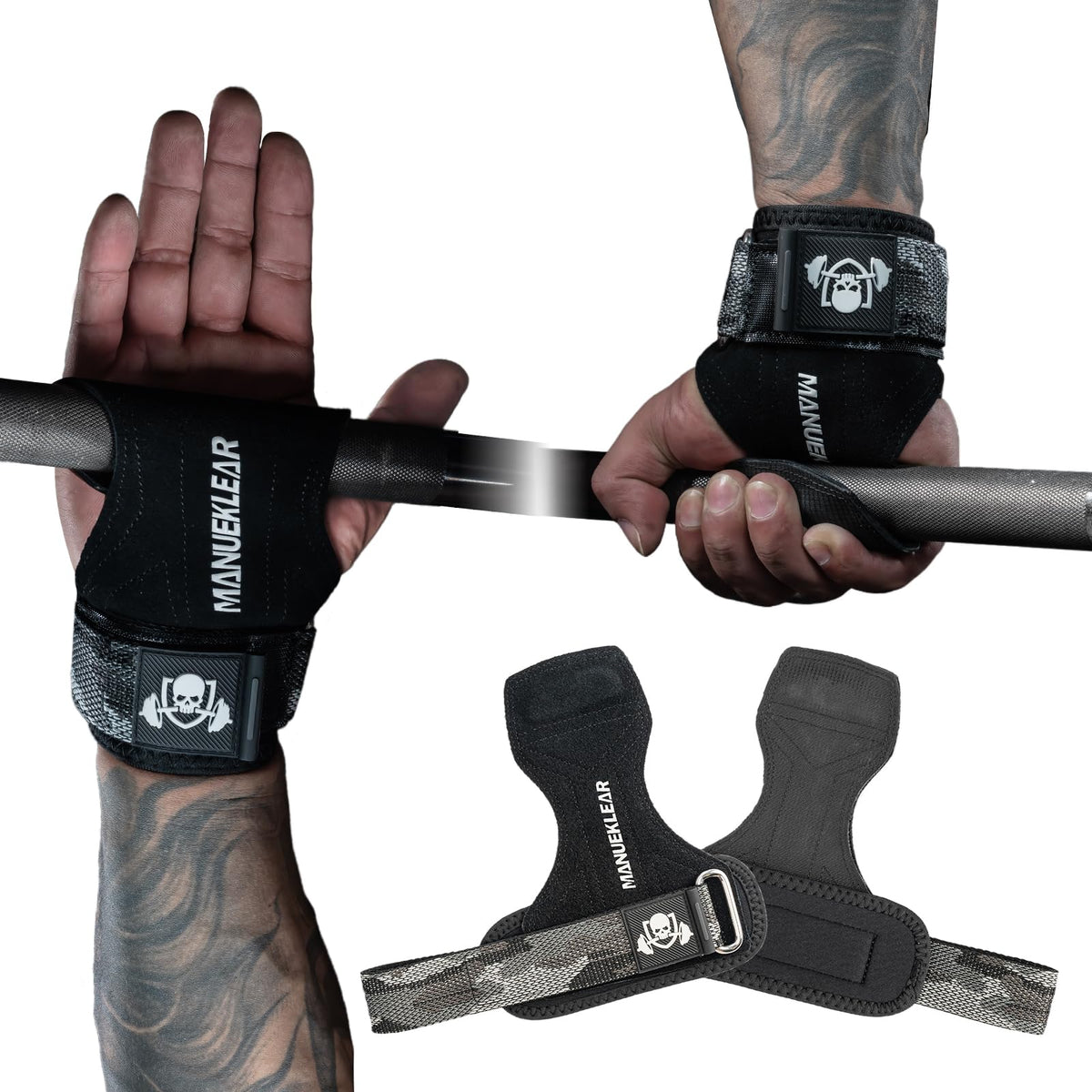 MANUEKLEAR Gym Straps Weight Lifting, Double Leather Lifting Straps for Men Deadlift with Cushion Wrist Loop, Gym Liftings Wrist Wraps for Weightlifting