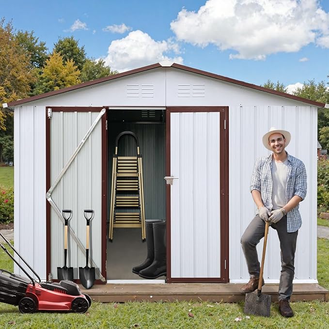 10 x 8 FT Outdoor Storage Metal Shed, Bike Garden Tool Shed with Slooping Roof, Lockable Doors and Aluminum Frames, Shed Easy to Assemble for Garden, Patio, Lawn, White
